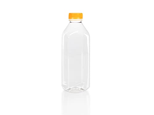 32 oz. Clear Food Grade Plastic Juice Bottles with Orange Tamper Evident Caps (6/pack)
