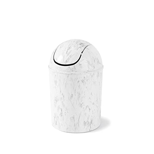 Umbra 1.25-Gallon Mini Waste Can w/Swing-Top Lid - Small Garbage Bin for Compact Spaces Under Tables & Counters, Miniature Trashcan, Removable Lid for Kitchens Bathrooms Bedrooms Dorms, White Marble
