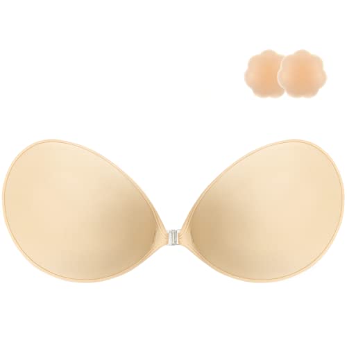 Niidor Adhesive Bra Strapless Sticky Invisible Push up Silicone Bra for Backless Dress with Nipple Covers Lycra Nude(B Cup)