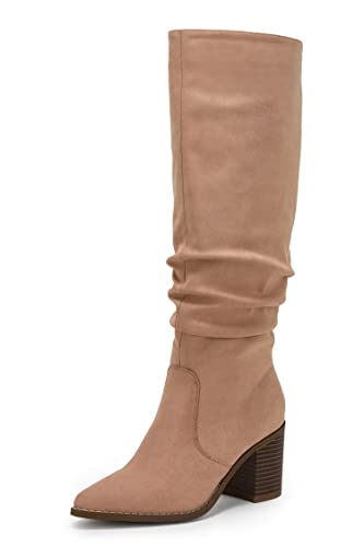 Huiyuzhi Womens Pointed Toe Knee High Boots Mid Chunky Heel Faux Suede Side Zipper Riding Booties