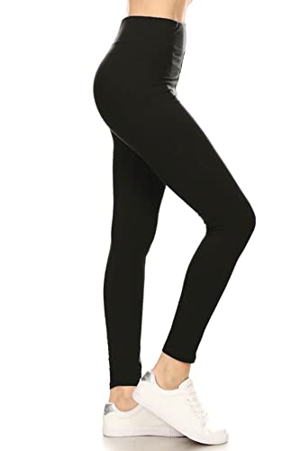 Leggings Depot Women's 3' Waistband Yoga High Waisted Solid Leggings Pants (Full Length, Black, Large)
