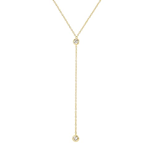 14k Vermeil Dainty Drop Lariat Necklace with Diamond, Gold Drop Necklace, Formal Wedding Guest Jewelry for Women, Simple Y Boho Choker (Gold, Double CZ Lariat)
