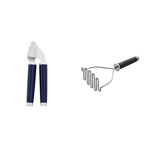 KitchenAid Classic Garlic Press, 7.68-Inch, Cobalt Blue & Gourmet Stainless Steel Wire Masher, 10.24-Inch, Black