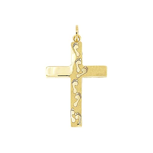 Foot Prints in the Sand Yellow Gold Cross Pendant 'It was then that I carried you', 14k Italian Religious Gifts Charms for Necklaces (up to 4mm), Authentic Christian Jewelry from Italy by Lucchetta