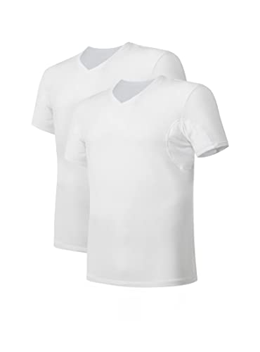DAVID ARCHY Men's Undershirt with Underarm Sweat Proof Pads, Bamboo Rayon Odor Defense T-Shirt, V-Neck Tees for Men, 2-Pack (XL, White)
