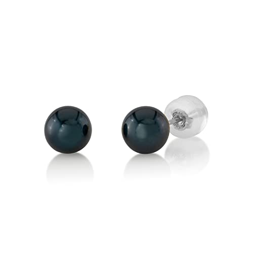 THE PEARL SOURCE 6.0-6.5mm Black Japanese Akoya Real Pearl Earrings for Women - 14k Gold Stud Earrings | Hypoallergenic Earrings with Genuine Cultured Pearls