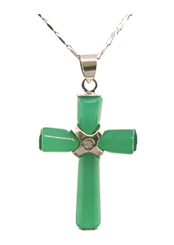 Sterling Silver Elegantly Crafted Dark Green Natural Jade Cross Pendant on 18' Chain