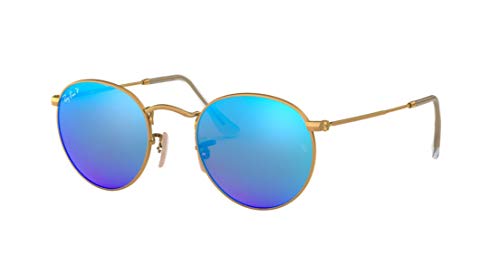 Ray-Ban RB3447 Round Metal Mirror Unisex Sunglasses (Matte Gold Frame/Blue Mirror Polarized Lens 112/4L, 50)