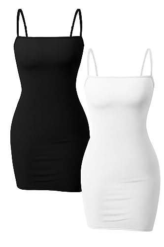 YMDUCH Women's 2 Piece Basic Tank Dress Adjustable Strap Bodycon Tight Club Mini Dress Black/White