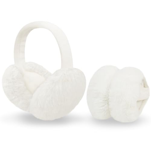 Senker Fashion Women Winter Earmuffs Foldable Faux Fur Ear Muffs with Cute Detachable Bow Warm Ear Warmes Furry Ear Covers for Girls Outdoor, A-White