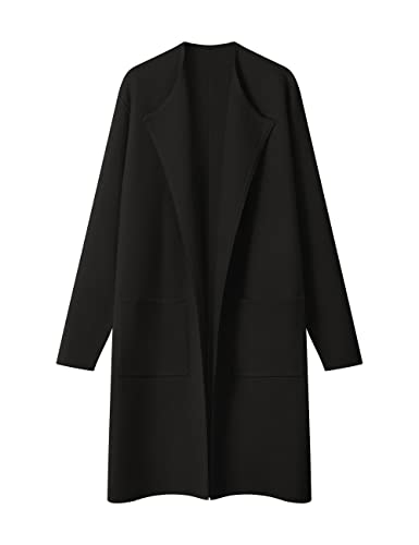 MEROKEETY Women's Open Front Coatigan Sweater Long Sleeve Casual Knit Lapel Cardigan Coat with Pockets, Black, X-Large