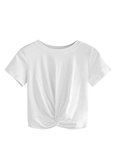 MakeMeChic Women's Summer Crop Top Solid Short Sleeve Twist Front Tee T-Shirt A-White L