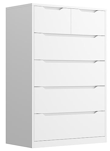 EnHomee Dressers & Chests of Drawers, Tall Dresser for Bedroom with 6 Wood Drawers and Smooth Metal Rail, Large Dresser Closet, 6 Drawer , White