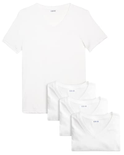 IZOD Men’s Undershirts – Soft Breathable V-Neck T-Shirts (4 Pack), Size Large, All White