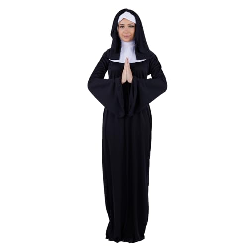 Party Expert Nun Costume for Adults, Sister Black Robe with Veil, Collar and Belt Outfit for Halloween (Standard)