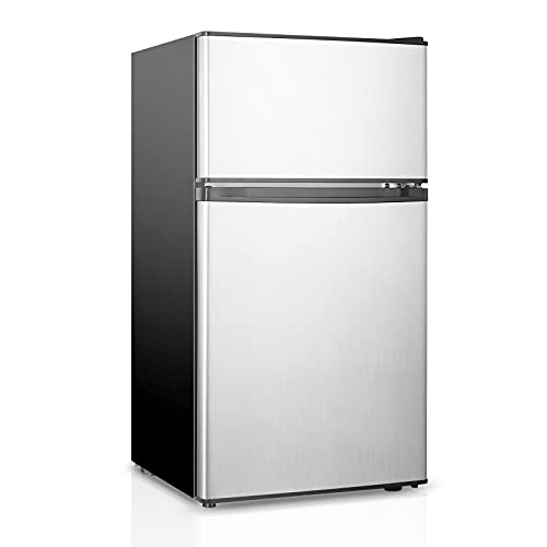 HAILANG Mini Fridge With Freezer,3.2 Cu.Ft Compact Refrigerator,Mini Refrigerator With 2 Doors For Bedroom,Office,Kitchen,Apartment,Dorm(sliver)