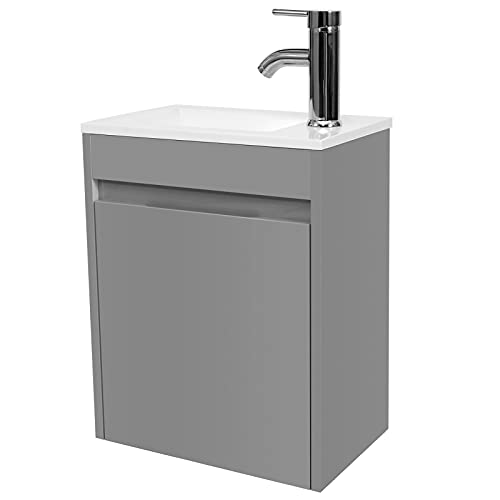 eclife 16' Bathroom Vanity Sink Combo for Small Space, Modern Painted Wall Mounted Floating Cabinet Set W/Resin Basin Sink Top, Chrome Water Save Faucet & Pop Up Drain (B10G)