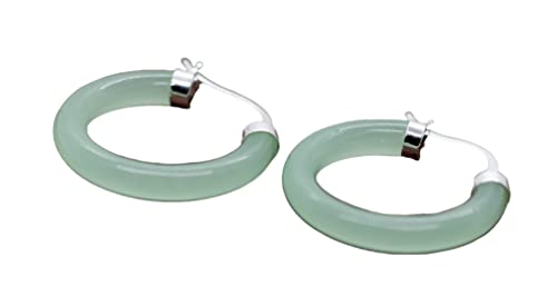 Sterling Silver Perfectly Crafted Light Green Natural Jade Hoop Earrings 4.9 MM Thickness & 31.5 MM Round