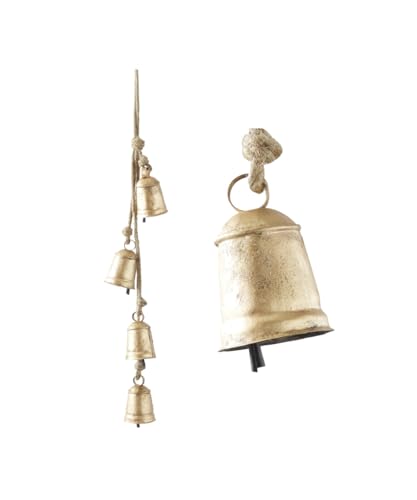 Deco 79 Metal Tibetan Inspired Decorative Cow Bell with Jute Hanging Rope, 4' x 3' x 29', Gold