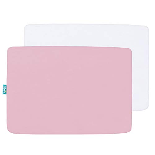 Biloban Mini Crib Sheets,Pack and Play Sheet Fitted, 2 Pack Portable Playard Sheets, Ultra Soft Microfiber Pack and Play Sheets, White & Pink, Preshrunk
