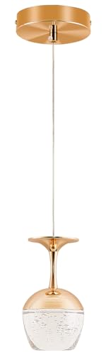 Modern LED Pendant Light Fixture,Golden Integrated LED 5W 3000K Warm Flush Mount Ceiling Light,Preminum Crystal Wine Glass Adjustable Height Contemporary Pendant Light for Kitchen Island,Dining Room.