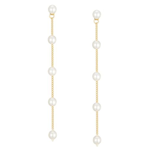 SWEETV S925 Sterling Silver Long Pearl Drop Dangle Earrings for Women, Gold Tassel Chain Pearl Wedding Bridal Earrings for Brides Bridesmaids,Prom Jewelry Gifts