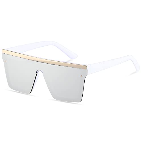 LYZOIT Square Oversized Sunglasses for Women Men Big Flat Top Fashion Shield Large UV Protection Rimless Shades White Mirrored Silver Sun glasses