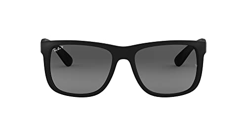 Ray-Ban RB4165F Justin Low Bridge Fit Rectangular Sunglasses, Rubber Black/Polarized Light Grey Gradient Grey, 55 mm
