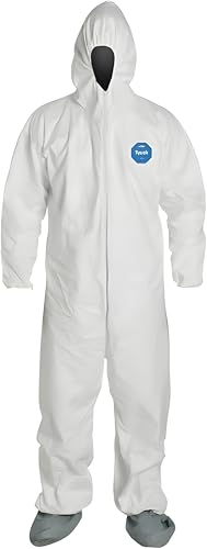 :DuPont Tyvek 400 TY122S Individually Packed Disposable Protective Coverall with Elastic Cuffs, Attached Hood and Boots, White, Large