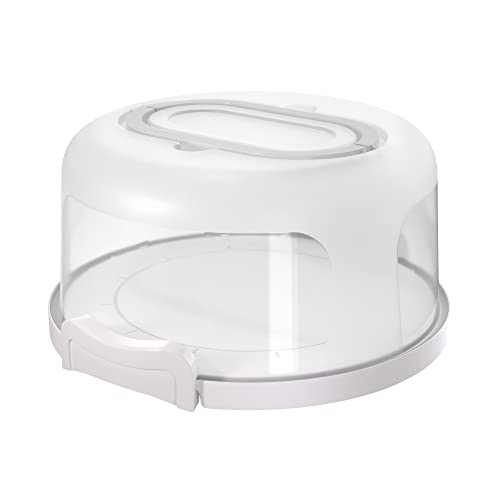 Top Shelf Elements Round Cake Carrier Two Sided Holder Serves as Five Section Serving Tray, Portable Stand Fits 10 inch Cake, Box Comes with Handle, Container Holds Pies (White)