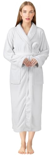 NY Threads Women Fleece Shawl Collar Bathrobe Plush Long Robe, Large, White