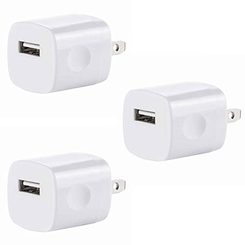 Wall Charger Cube,1A/5V Single Port USB Wall Plug 3 Pack Travel White Charging Block Box Adapter Compatible with iPhone SE/11/11 Pro/XS/XR/X/8/7/6 Plus, Samsung Galaxy, LG, HTC, Android