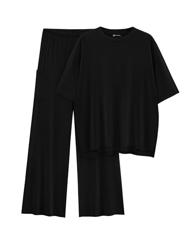 PRETTYGARDEN Women's 2 Piece Outfits Casual Short Sleeve Pullover Tops and Wide Leg Pants Lounge Sets Tracksuits (Black,Large)
