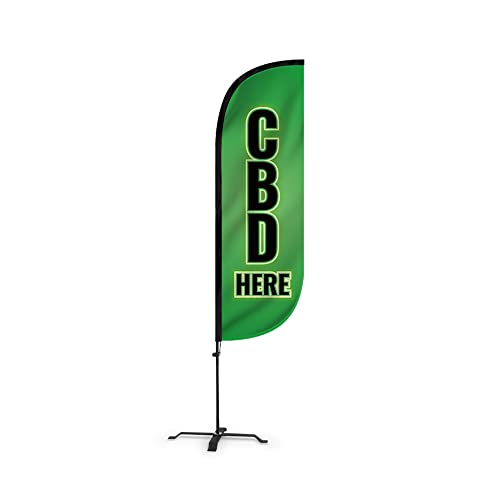 LookOurWay Feather Flag Set - 5ft Tall Advertising Banner Flag with Pole Kit and X-Stand for Business Promotion - Smoke Shop - CBD Here