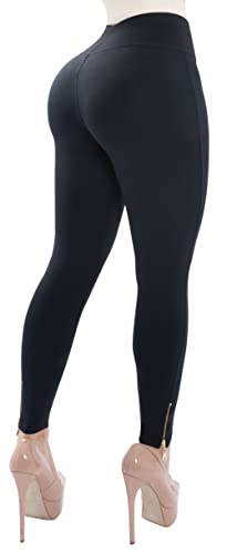 Butt Lifter Zipper Leggings with Internal High Waist Fajas Powernet Supplex Levanta Cola Pantalones Colombianos 412BB Medium Black