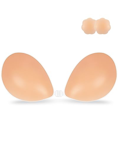 Niidor Adhesive Bra, Silicone Reusable Backless Bra for Women, Push-up Strapless Invisible Sticky Bra with Breast Pasties Cover for Strapless Dress Creme