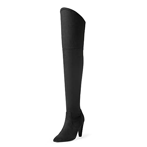 DREAM PAIRS Women's Dob214 Black Thigh High Boots Suede Over The Knee Heels Long Sexy Pointed Toe Boots, Black Suede, Size 9