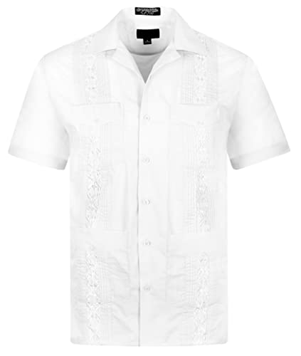 OmegaTux Cuban Guayabera Short Sleeve Shirt, Wedding Cigar Beach Bartender Casual White,Medium