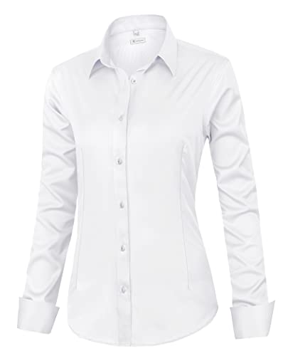 siliteelon Womens Classic-Fit Dress Shirts Long Sleeve Button Down Wrinkle-Free Stretch Solid Casual Work Office Blouse Top White Medium