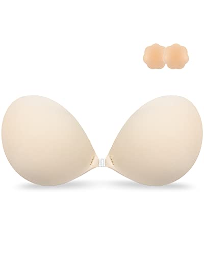 Niidor Sticky Bra Strapless Bras for Women, Adhesive Bra Push Up Sticky Bra with Nipple Covers Macaron Color (Dark Skin Tone,D)