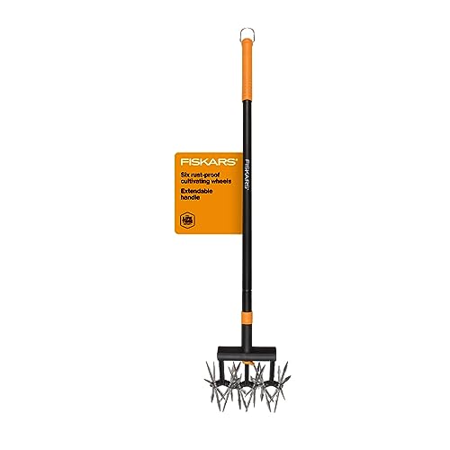 Fiskars Telescoping Rotary Cultivator - 40'-60' Extendable Gardening Hand Tool - Rotary Hand Cultivator Tool and Garden Tiller for Soil or Reseeding Grass