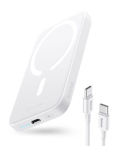 Baseus Magnetic Power Bank Battery Pack, 6000mAh Wireless Portable Charger PD 20W with USB-C Cable, for MagSafe, for iPhone 15/15 Plus/15 Pro/15 Pro Max, iPhone 14/13/12 Series, White