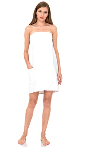 TowelSelections Womens Shower Wrap Adjustable Cotton Terry Cloth Gym Cover Up with Snaps Small/Medium White