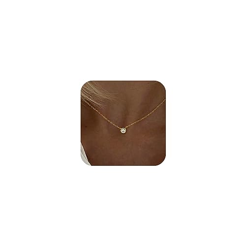 Tewiky Diamond Necklaces for Women, Dainty Gold Necklace 14k Gold Plated Simple CZ Diamond Solitaire Pendant Necklaces Cute Minimalist Gold Plated Choker Necklace for Women Girls Gifts