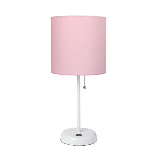 LimeLights LT2044-POW White Stick Table Desk Lamp with USB Charging Port and Drum Fabric Shade, Pink, Bulb not included