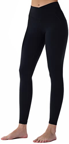 Sunzel Workout Leggings for Women, Squat Proof High Waisted Yoga Pants 4 Way Stretch, Buttery Soft V Cross Waist with Pockets -28' Black M