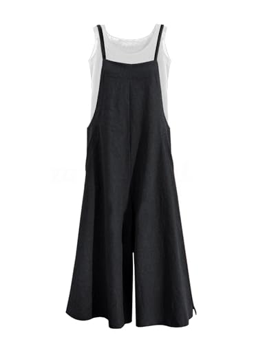 YESNO Women Casual Loose Long Bib Pants Wide Leg Jumpsuits Baggy Cotton Rompers Overalls with Pockets (M PZZTYP2 Black)