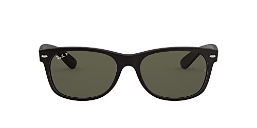 Ray-Ban RB2132 New Wayfarer Square Sunglasses, Rubber Black/Polarized Green, 55 mm