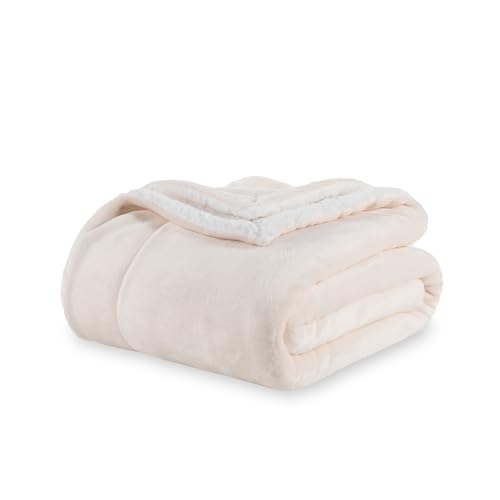 Berkshire Blanket-Sherpa Throw Blanket, Warm and Soft Loftmink Reversible Throw for Couch, Sofa and Travel, Cream, 50 in x 60 in