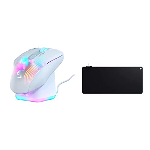 ROCCAT Kone XP Air – Wireless Customizable Ergonomic RGB Gaming Mouse, 19K DPI Optical Sensor & Sense AIMO XXL Ultra-Wide PC Gaming Mousepad, RGB Illumination, High Precision, Non Slip Back